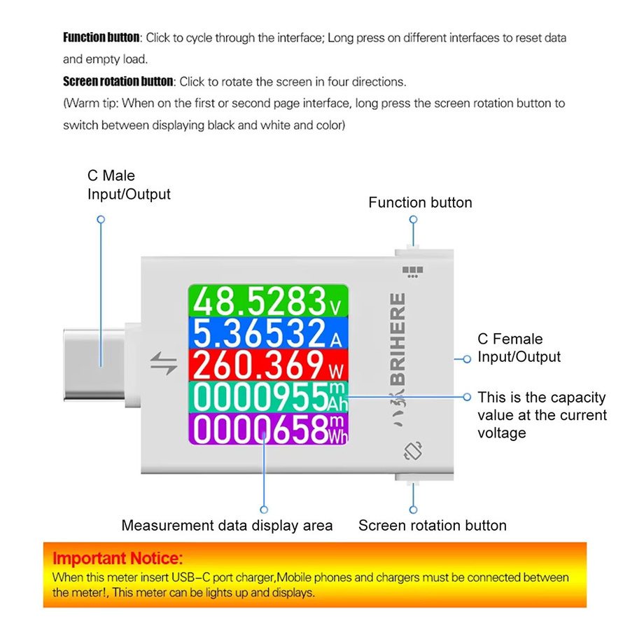 Gaqqee B10 Mobiltelefon-Ladegerät-Tester mit Typ-C-Schnittstelle, Voltmeter, Amperemeter und Wattmeter in Weiß - Bild 2