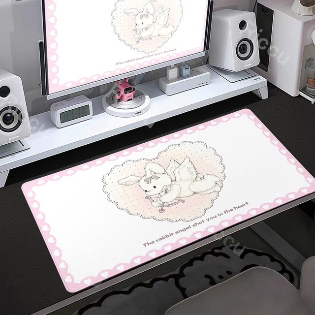 Riccu Mousepad XXL mit niedlichem Kaninchen-Design in Rosa und Weiß als große Schreibtischunterlage für PC und Tastatur - Bild 1