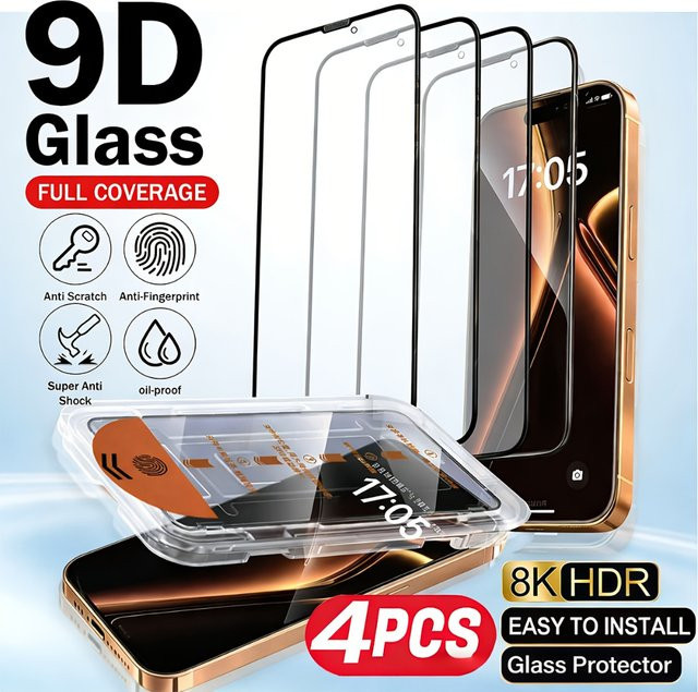 NNBILI 4er-Set Panzerglas Displayschutzfolien für iPhone 17 16 15 14 13 12 11 Pro Max 17E 16E inklusive Installationswerkzeug transparent - Bild 1