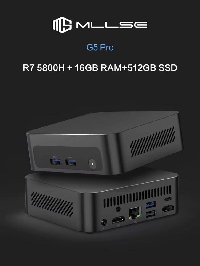 MLLSE Mini-PC G5 Pro AMD Ryzen 7 5800H, 16 GB RAM, 512 GB SSD, Windows 11, Wi-Fi 6, Bluetooth, Schwarz - Bild 1