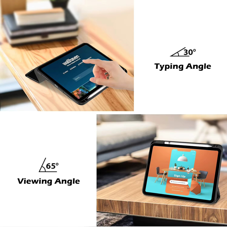 Chenxiaotong Klare Acrylhülle für iPad Air, Pro und Mini mit Stiftschlitz, dreifach faltbarem Ständer und automatischer Sleep/Wake-Funktion, Schwarz - Bild 3