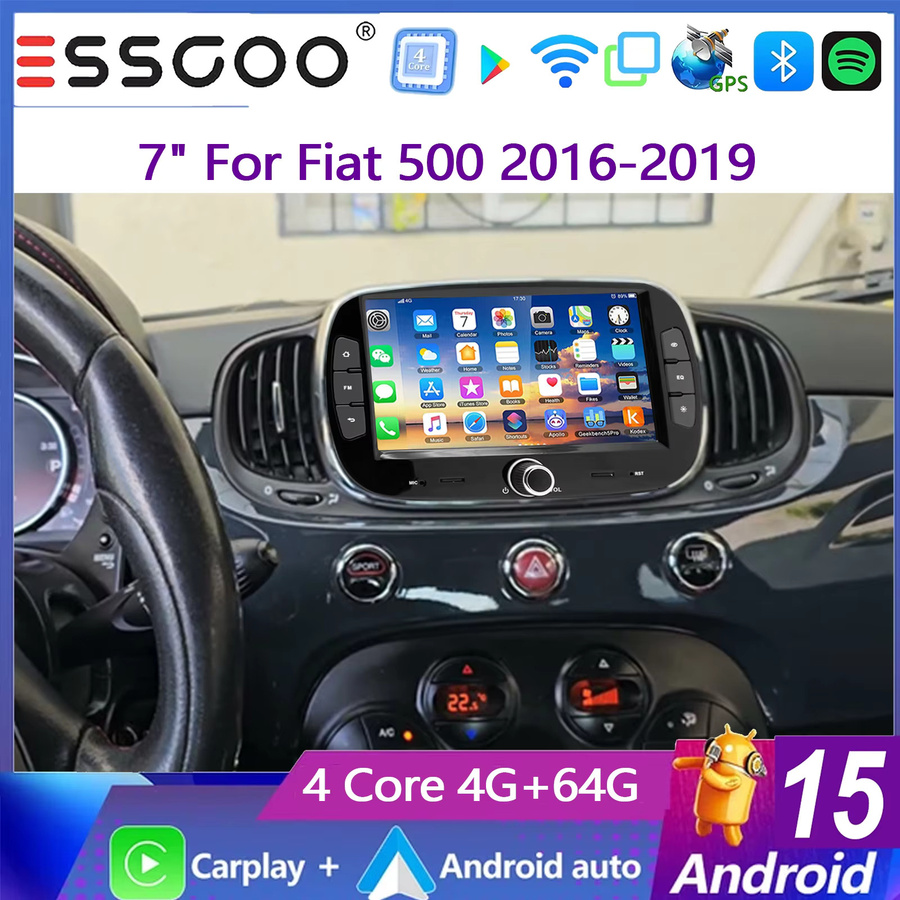 ESSGOO Android 15 Autoradio mit 7 Zoll IPS Touchscreen für Fiat 500 (2016-2019), 4+64GB, Wireless Carplay, Android Auto, GPS, WiFi, Bluetooth, FM, RDS, SWC und Mirror Link, Schwarz - Bild 2