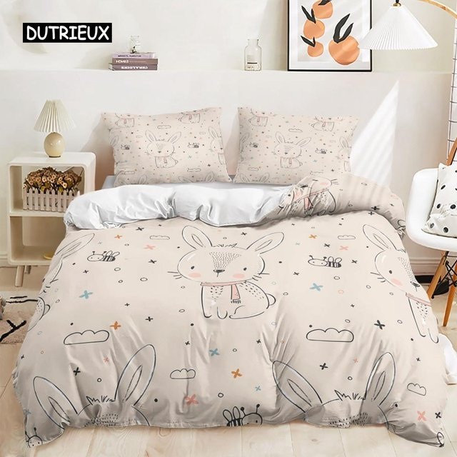 Binchi Bettwäsche Set mit Cartoon Hase Design, Beige, 3-teilig, B/H: 150 x 200 cm - Bild 1