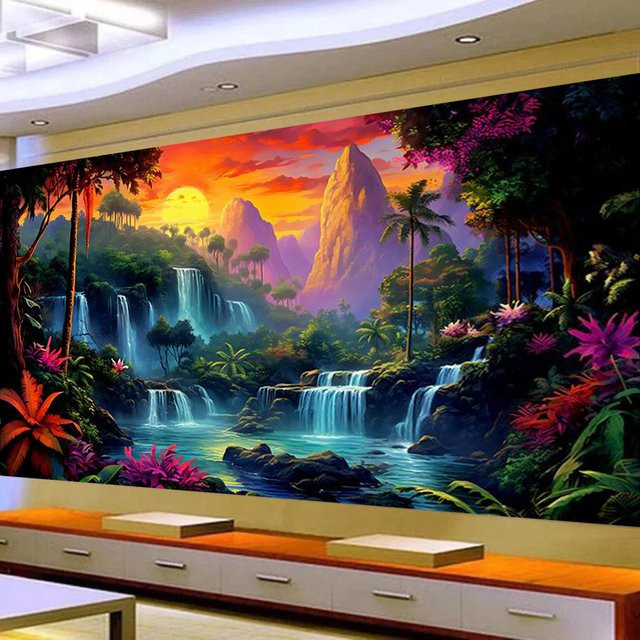 DIY Diamantmalerei Mond Berg Wasserfall Landschaft mit Blumen, Fullcang Mosaik Stickerei Bild in Multicolour, B/H: 200 x 100 cm - Bild 1