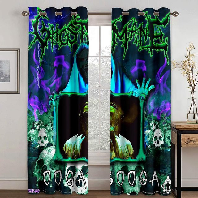 Yiran Furniture 2er-Set Verdunkelungsvorhänge mit psychedelischem Totenkopf- und Blumenmuster in Hellgrau, Breite: 100 cm, Höhe: 130 cm - Bild 1