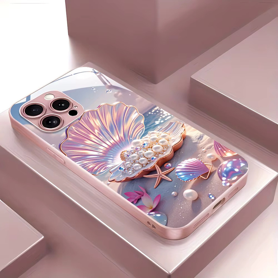 Caynes iPhone Hülle aus gehärtetem Glas mit farbigen Muschel- und Perlen-Design, stoßfest und luxuriös - Bild 2