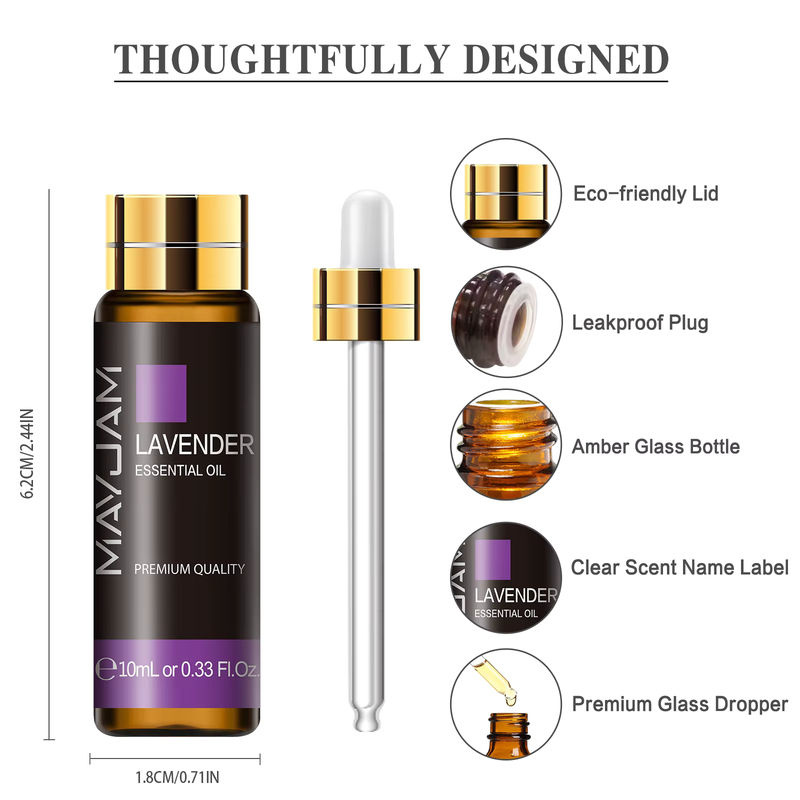 MAYJAM Ätherisches Öl Set mit Lavendel, Rose, Eukalyptus, Jasmin, Vanille, Minze, Sandelholz, Teebaumöl und Orange, 10 ml pro Flasche, Glas, Schwarz - Bild 3