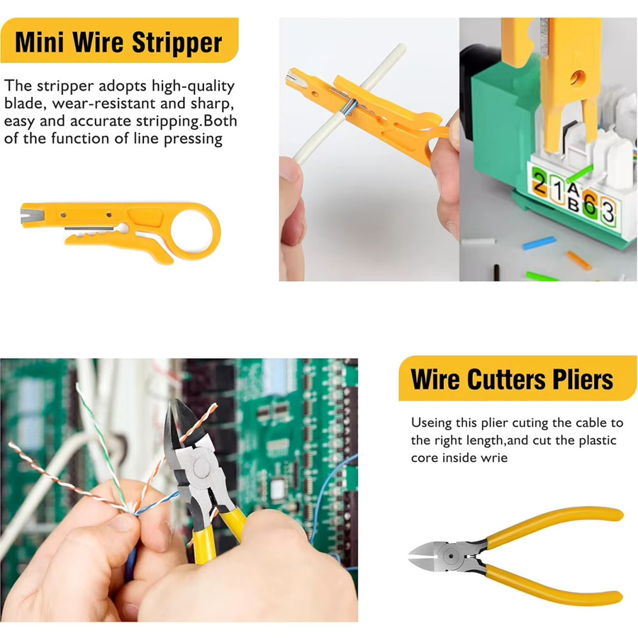 RJ45 Crimp Tool Kit Netzwerk Reparaturset für Cat5 Cat6 Cat7 inklusive Kabeltester und KD-1 Drahtschneider in Gelb - Bild 4