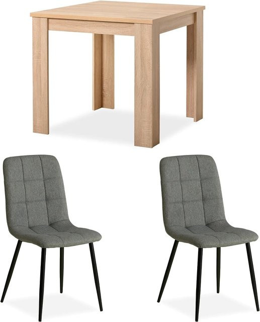 Homestyle4u Essgruppe aus Holz mit Tisch in Natur und 2 Polsterstühlen in Grau - Bild 1