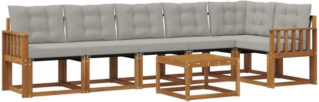 vidaXL Outdoor-Sofagarnitur 7-teilig aus Akazienholz und Textilene in Natur und Hellgrau mit Kissen und Armlehnen - Bild 1