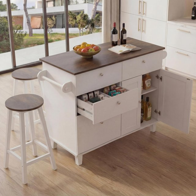 Kücheninsel MCW-P62 mit 2 Sitzhockern und Staufächern in Weiß und Dunkelbraun, B/T/H: 131 x 90 x 47 cm - Bild 1