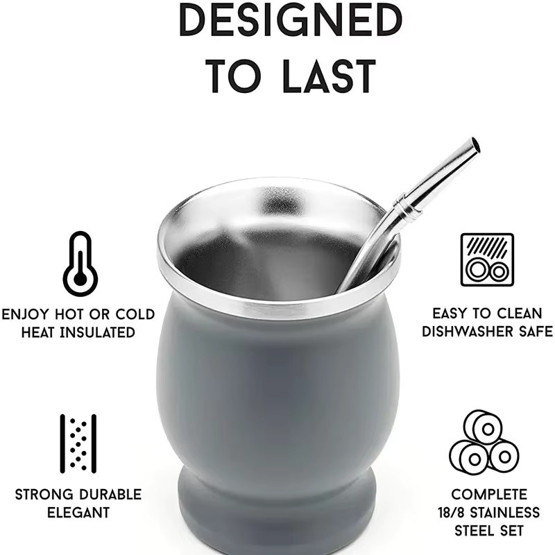 Untior Mate-Becher Set aus doppelwandigem 304 Edelstahl in Schwarz mit Bombillas und Reinigungsbürste, 230 ml - Bild 4