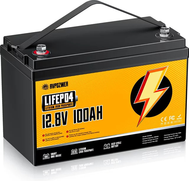 RVPOZWER 12V Lithium-Batterie 100Ah LiFePO4 Akku mit 1280Wh Kapazität und 100A BMS für Solar und mobile Anwendungen - Bild 1