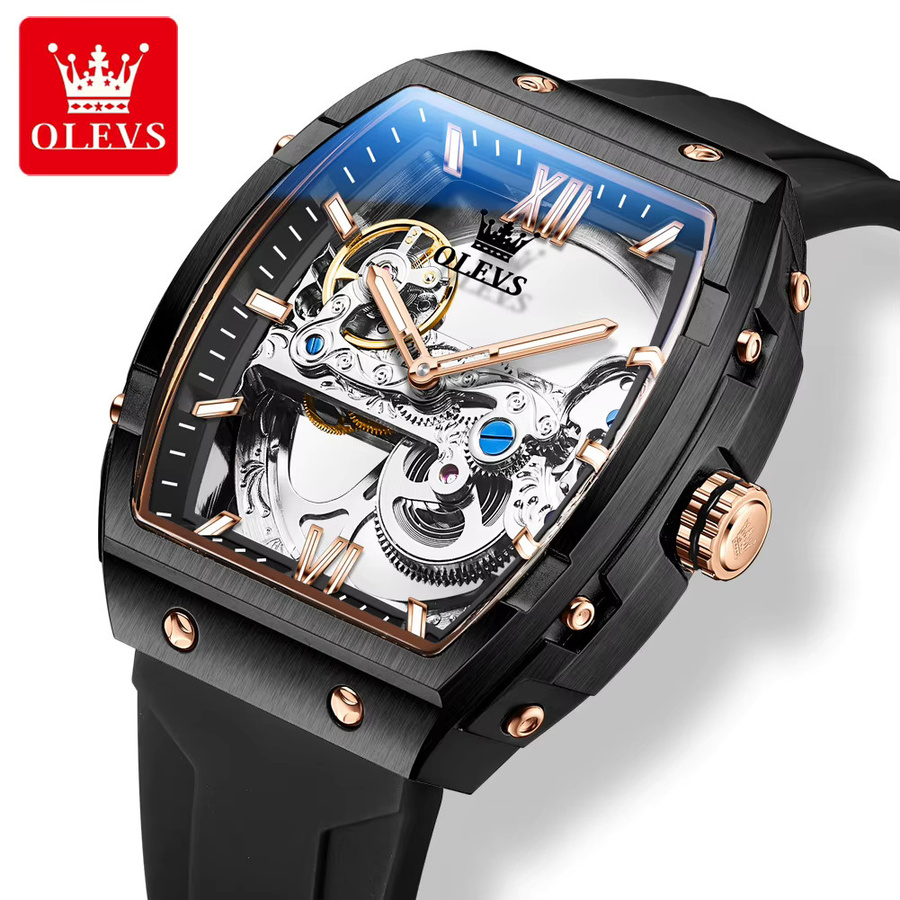 OLEVS Armbanduhr, Automatik, Edelstahl, Silikon, Schwarz, Herren - Bild 3