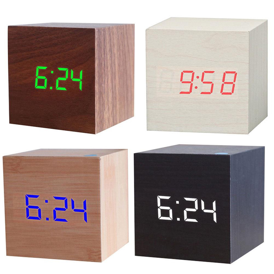 Yousheng Fashion Digitaler LED-Wecker aus Holz mit Sprachsteuerung, quadratisch, Weiß - Bild 3