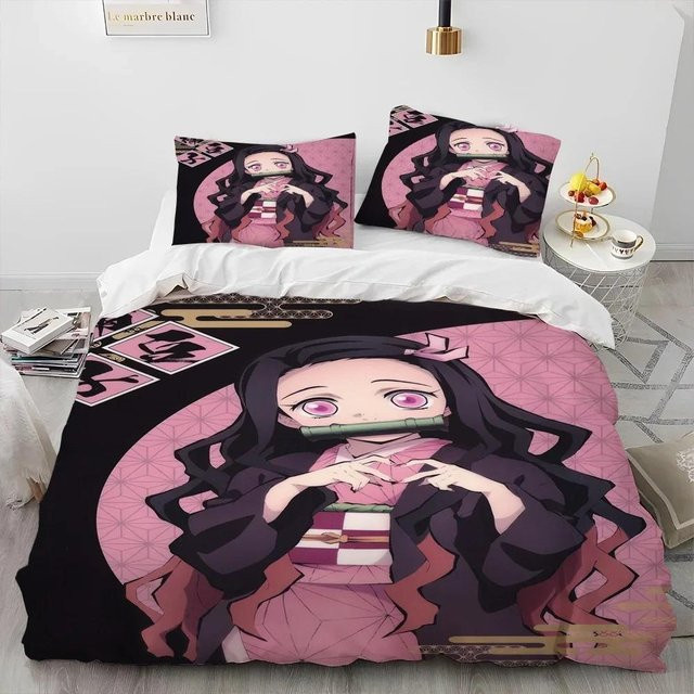 3-teiliges Demon Slayer Anime Bettwäsche-Set aus atmungsaktiver Baumwoll-Leinen-Mischung, Queen-Größe, Mehrfarbig, B/H: 210 x 210 cm - Bild 1