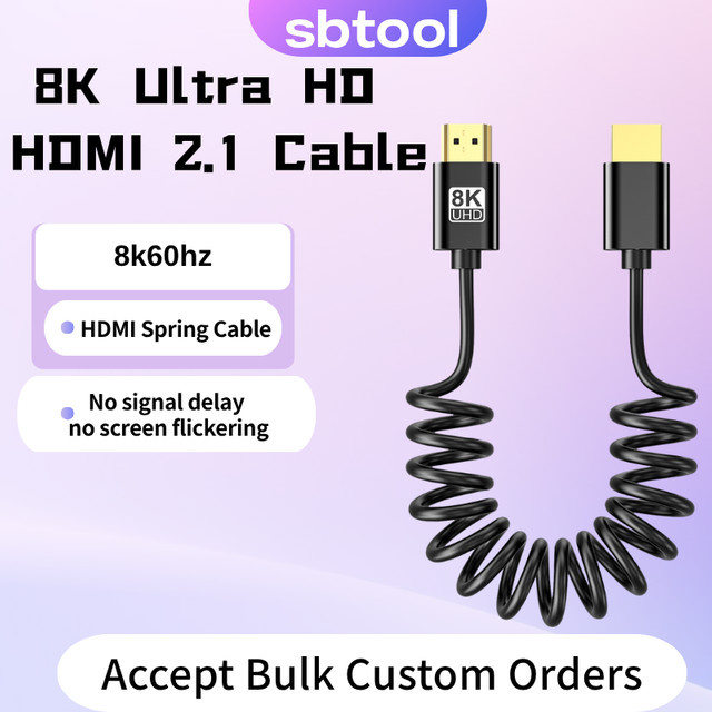 Sbtool HDMI 2.1 Spiralkabel in Schwarz für 8K60Hz, schlankes und einziehbares Datenkabel für TV, Kamera und Monitor - Bild 1