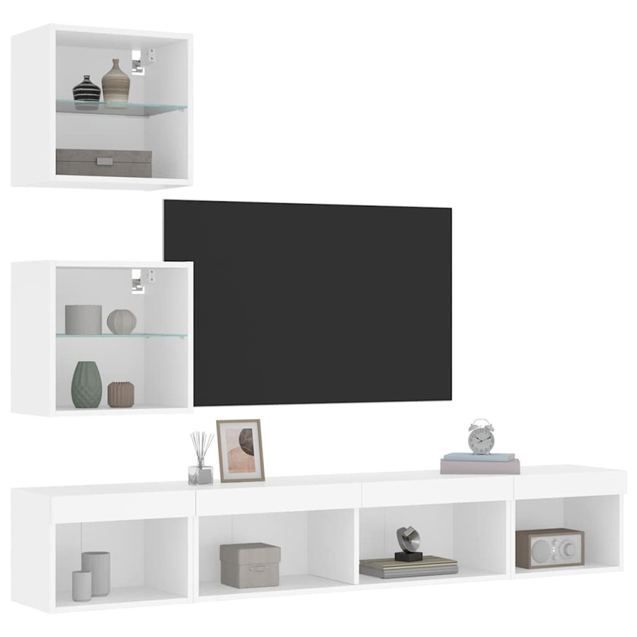Modernes 5-teiliges TV-Möbelset aus Holzwerkstoff mit integrierter LED-Beleuchtung in Weiß Hochglanz, Wandmontage - Bild 2