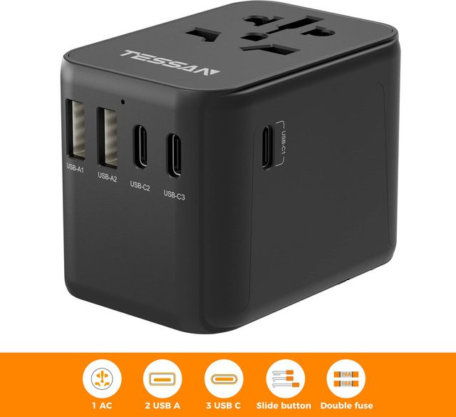 TESSAN Universal-Reiseadapter All-in-One Wandladegerät mit 2 USB-A und 3 USB-C Anschlüssen in Schwarz für Reisen in die USA, EU, UK und AUS - Bild 1