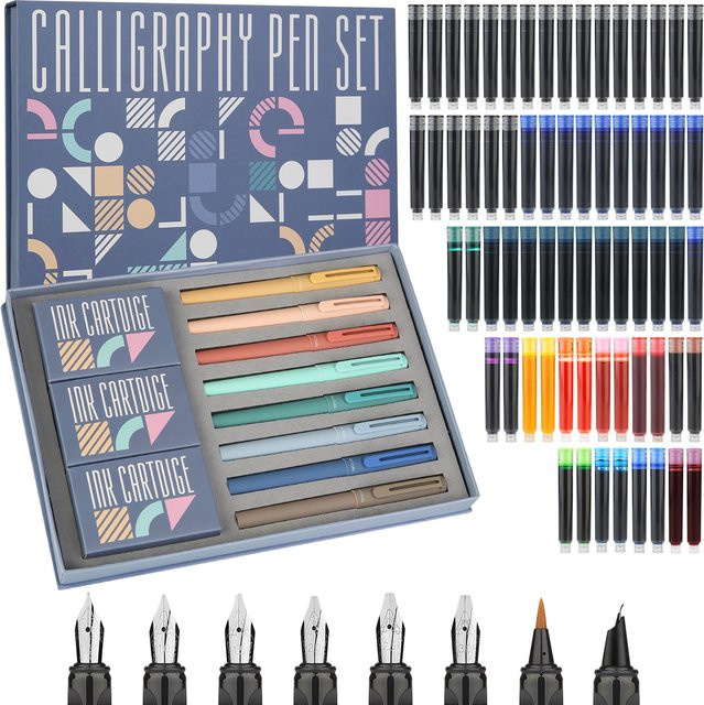 Kalligraphie-Stift-Set mit 74 Teilen, bestehend aus 8 Füllfederhaltern mit verschiedenen Spitzen und 66 Tintenpatronen in 14 Farben, Multicolor - Bild 1