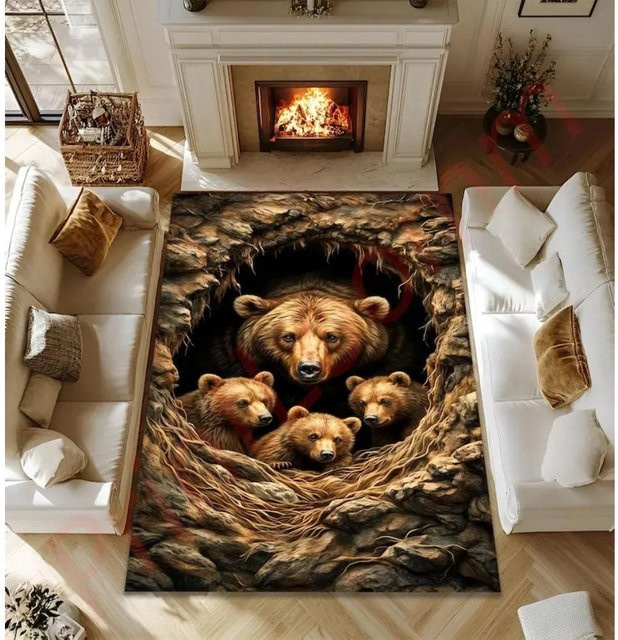 Karpetti Bärenfamilien Teppich mit Naturhöhlen-Design in Braun, Waschbarer Polyester-Teppich für Wohnzimmer und Schlafzimmer, B/B: 80 x 120 cm - Bild 1