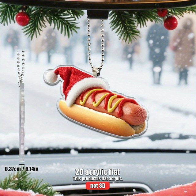 Weihnachtliche Hot Dog Hängedekoration mit Weihnachtsmütze aus Acryl als Weihnachtsbaumanhänger oder Autodekoration - Bild 1