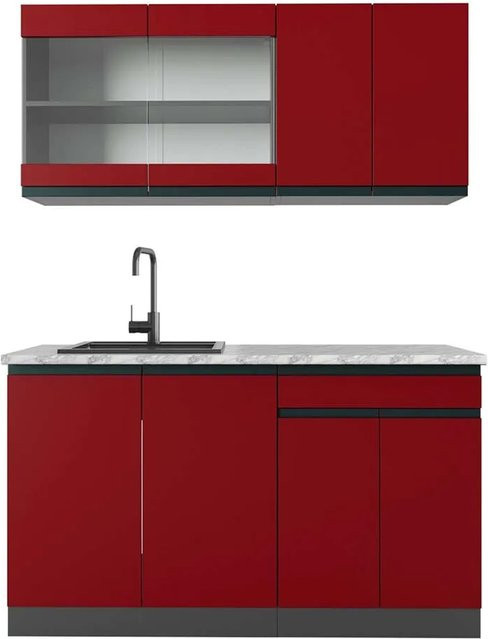 Vicco R-Line Singleküche modern in Rot und Anthrazit mit Marmor-Arbeitsplatte, Breite: 140 cm - Bild 1