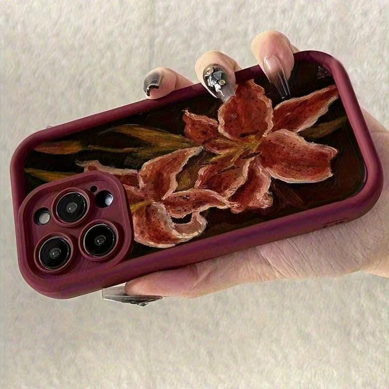 Rote TPU Handyhülle mit Vintage-Blumenmuster und Anti-Drop-Schutz für iPhone 11 bis iPhone 17 Pro Max sowie SE-Modelle - Bild 3