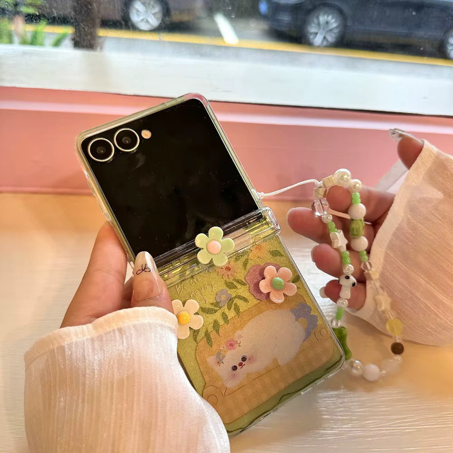 Samsung Galaxy Z Flip Handyhülle mit 3D-Blume, süßer Katze und Sternen, Scharnierschutz und Handschlaufe, Multicolor - Bild 4