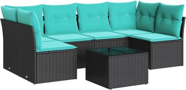 vidaXL 7-teilige Garten-Sofagarnitur aus Poly-Rattan mit Kissen in Schwarz-Blau - Bild 1