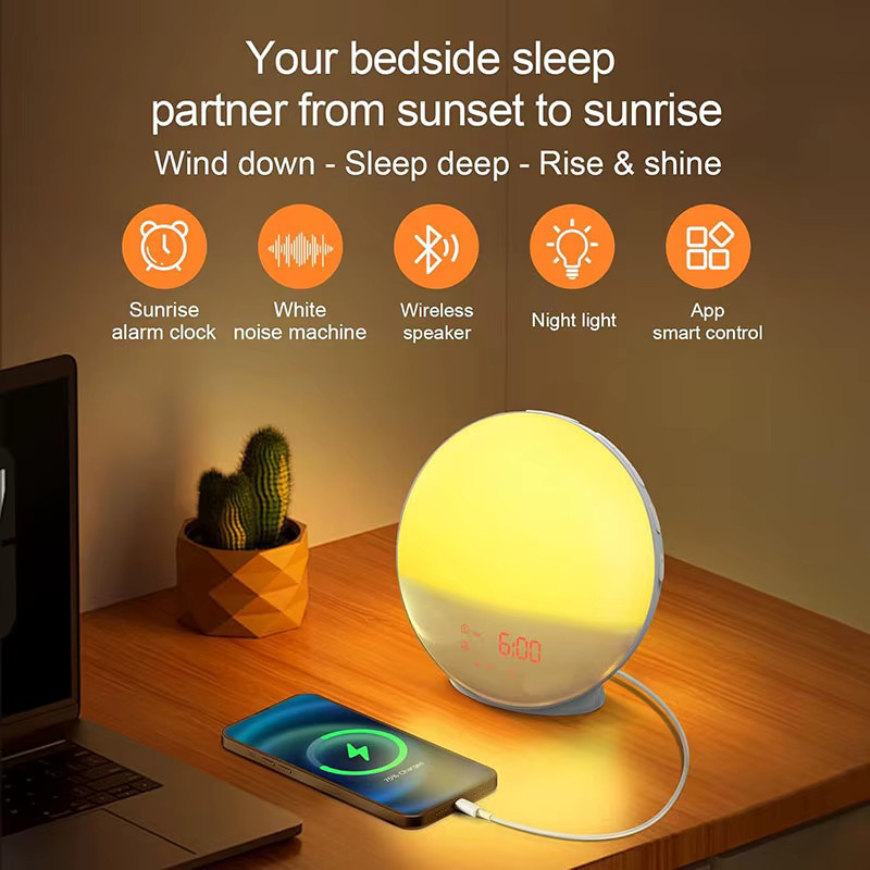 Niditon Intelligenter Wecker in Weiß mit Lichtfunktion, Digitaler Tischuhr mit Naturgeräuschen, Bluetooth-Lautsprecher, App-Steuerung und FM-Radio - Bild 4