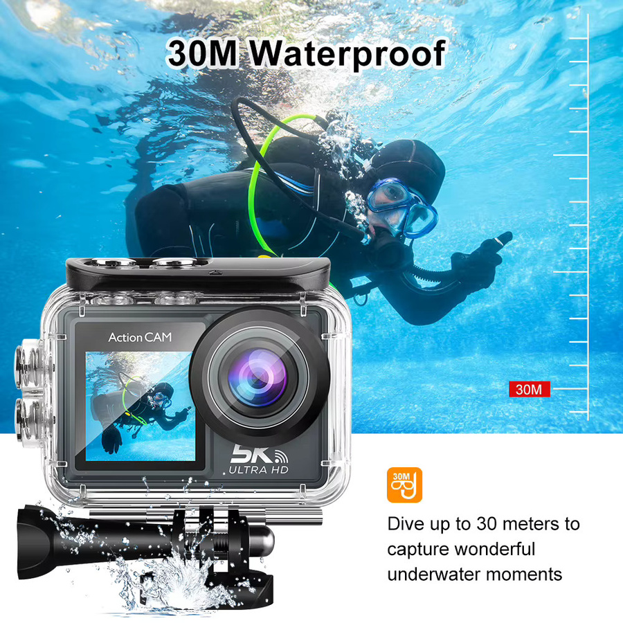 ILUKA M40TR Action Kamera mit Doppelbildschirm, 5K 30FPS, 4K 60FPS, 50MP Foto, EIS Stabilisierung, 30M Wasserdicht, WiFi und 128GB TF Karte, Farbe: Grau - Bild 4
