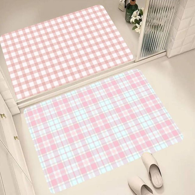 Rutschfeste Bodenmatte in Rosa mit Karomuster für Wohnzimmer, Küche oder Badezimmer - Bild 1