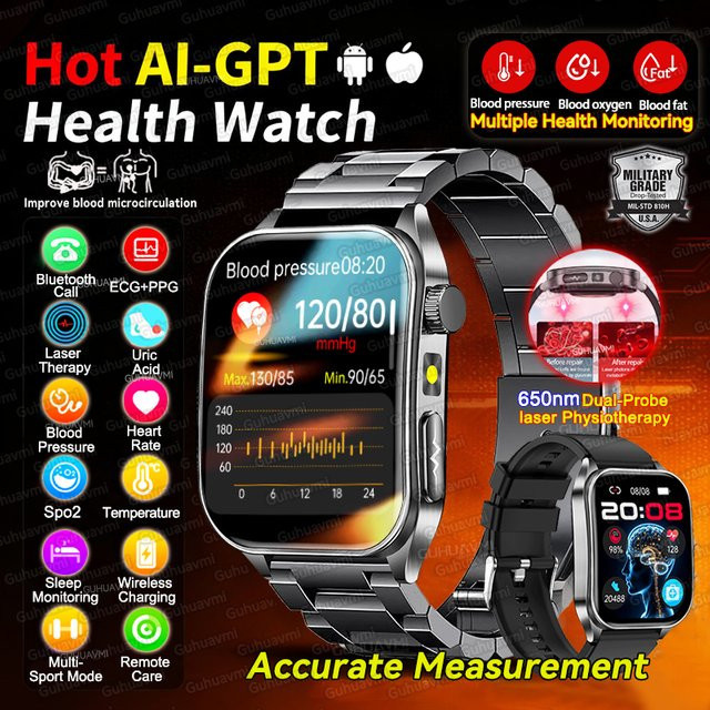 GUHUAVMI Smartwatch mit AI-GPT Diagnose, EKG, Blutdruck, Lipid- und Harnsäure-Messung sowie 650 nm Dual-Probelaser zur Herz-Analyse, in Schwarz oder Blau - Bild 1