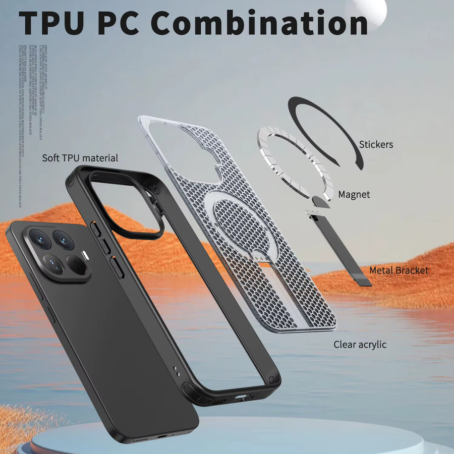 Magnetische Handyhülle für Xiaomi 17 Pro Max, 15T und 14T Pro in Schwarz mit Metallhalterung und TPU-Rahmen aus Acryl-Kunststoff - Bild 3