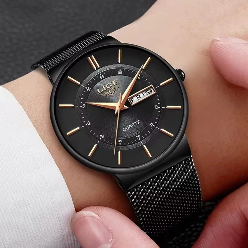 LIGE Chronograph, Herren, Edelstahl, Schwarz, Milanaise, Datum, Wochentag - Bild 5