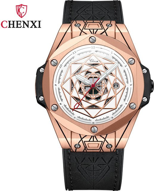 CHENXI Armbanduhr Quarz, Tonneau, Aluminium, Leder, Roségold, Herren - Bild 1