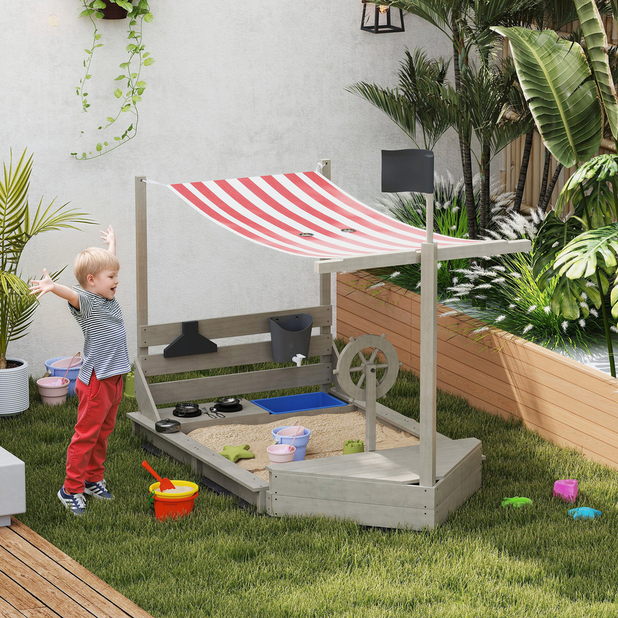 Outsunny Sandkasten im Schiff Design aus Holz mit Abdeckung und Küchenspielset, Grau, B/T/H: 180 x 103 x 144,5 cm - Bild 2