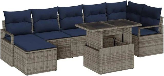 vidaXL 8-teiliges Gartensofa-Set aus Poly-Rattan in Grau und Marineblau mit wetterfesten Polstern und Tisch - Bild 1
