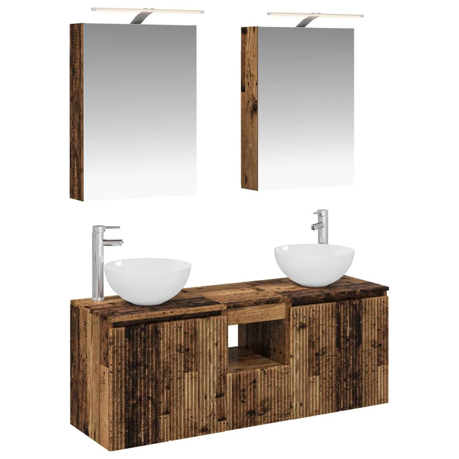 vidaXL Badezimmerschrank-Set aus Altholz in Braun, 5-teiliges Set mit Waschtischunterschrank, Spiegelschrank mit LED-Beleuchtung und Wandunterschränken, B/T/H: 50 x 14,5 x 70 cm - Bild 2