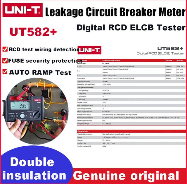 UNI-T UT582+ Digitaler RCD ELCB Tester mit AUTO RAMP Funktion und Fehlbedienungssummer in Schwarz - Bild 1