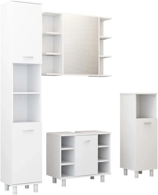 vidaXL 4-tlg. Badmöbel-Set Modell 3 in Weiß aus Holzwerkstoff bestehend aus Spiegelschrank, Hochschrank, mittlerem Schrank und Waschbeckenunterschrank - Bild 1