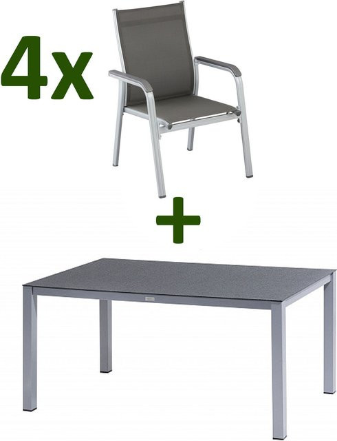 Kettler BasicPlus Garten-Essgruppe aus Alu, Spraystone und Textil in Silber/Anthrazit mit Tisch und 4 Stapelsesseln, B/T: 160 x 95 cm - Bild 1