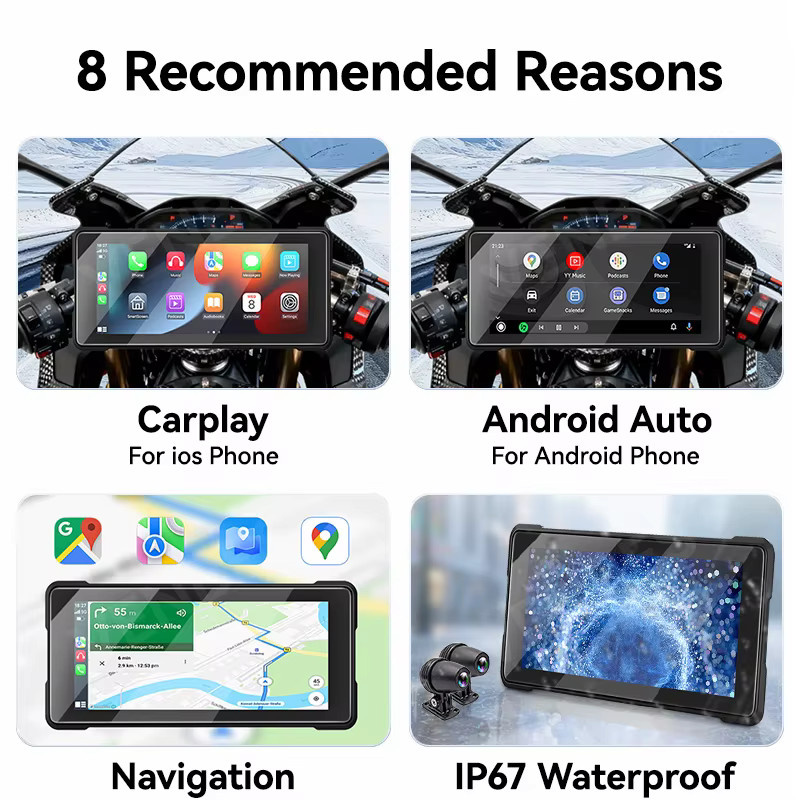 VENBES Motorrad Wireless CarPlay und Android Auto Navigationssystem mit 6,86 Zoll HD-Touchscreen, GPS, Bluetooth, WiFi und Dual Digitaler Videorekorder, Schwarz - Bild 2
