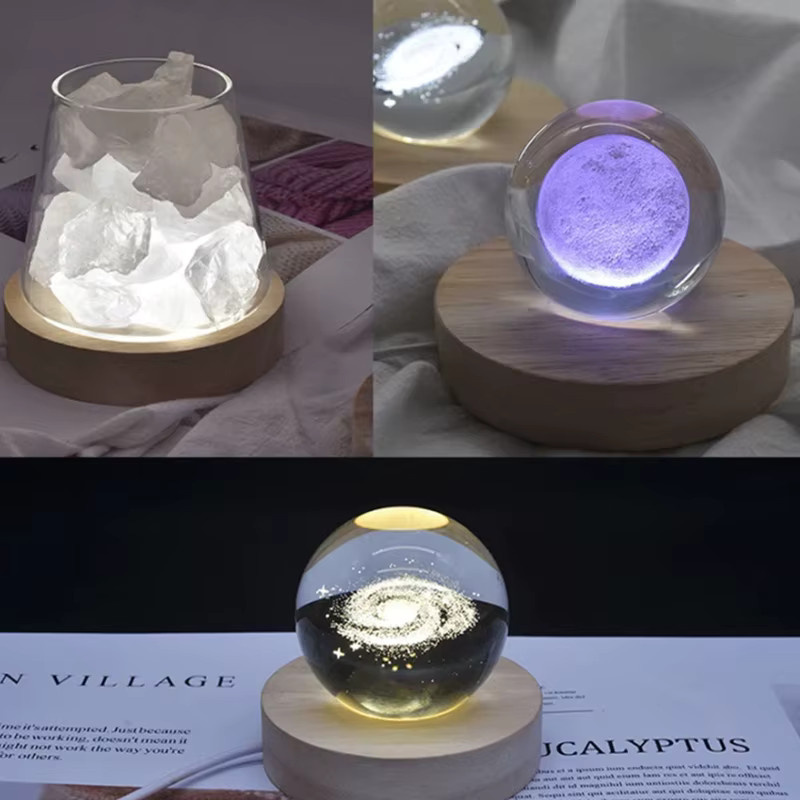 LINYILIGHT LED Nachtlampe mit Holzbasis und USB-Stecker, Bunte Kristall Glas Epoxy Harz Kunst Lampe, Durchmesser: 6 cm - Bild 2