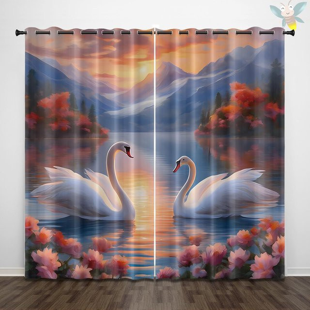 2er-Set halbtransparente Vorhänge mit Schwanenmuster in Grau von Household supplies MH, B/H: 140 x 160 cm - Bild 1