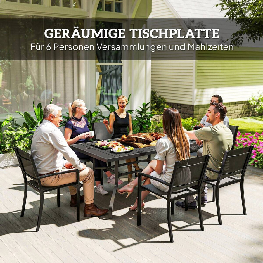 Outsunny Gartentisch aus Stahl in Schwarz mit Latten-Design und Schirmloch, wetterfester Esstisch für Garten und Balkon, B/T/H: 152 x 90 x 74 cm - Bild 3