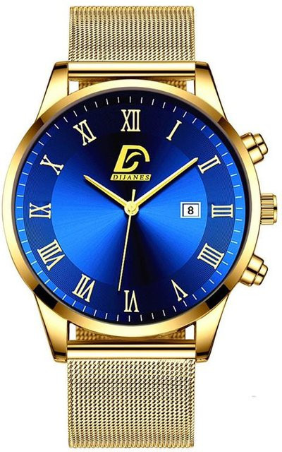 DIJANES Armbanduhr Edelstahl, Quarz, Gold/Blau, Herren - Bild 1