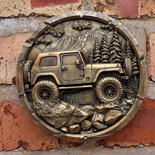 Rundes Jeep Metall-Wandschild in Braun im rustikalen Design - Bild 1