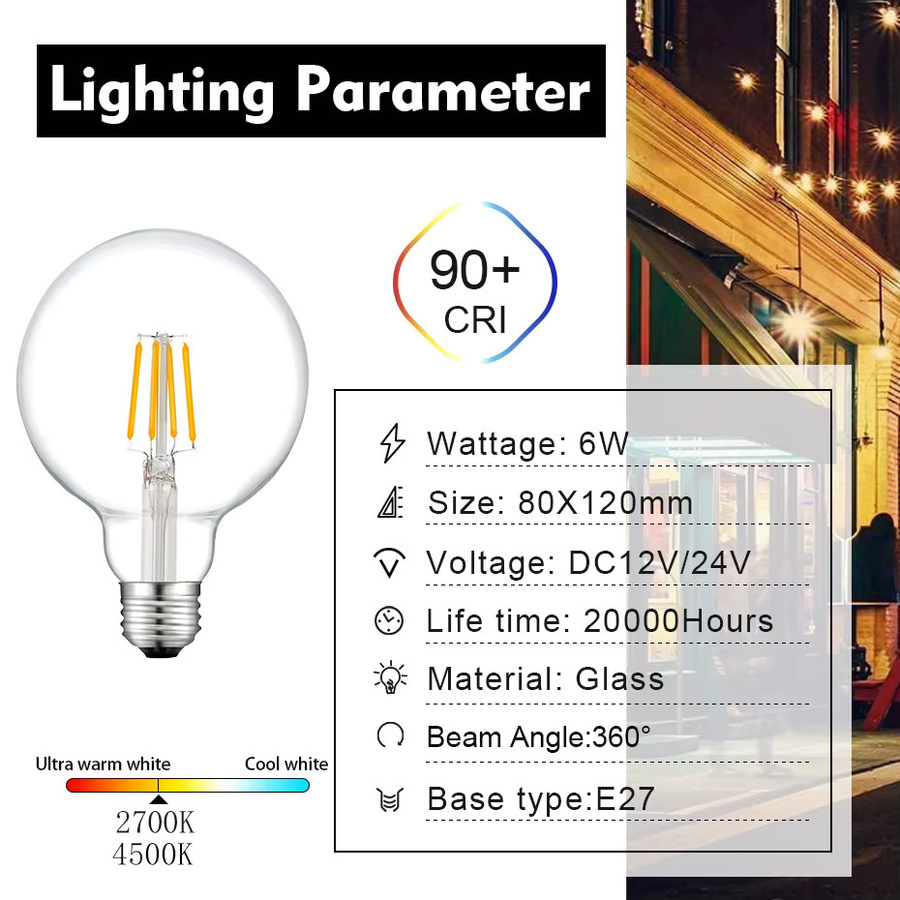 Grensk Vintage LED Filament Glühbirne G80 E27 6W Niederspannungslampe für RV Camper und Marine, Transparent, 2700K - Bild 2